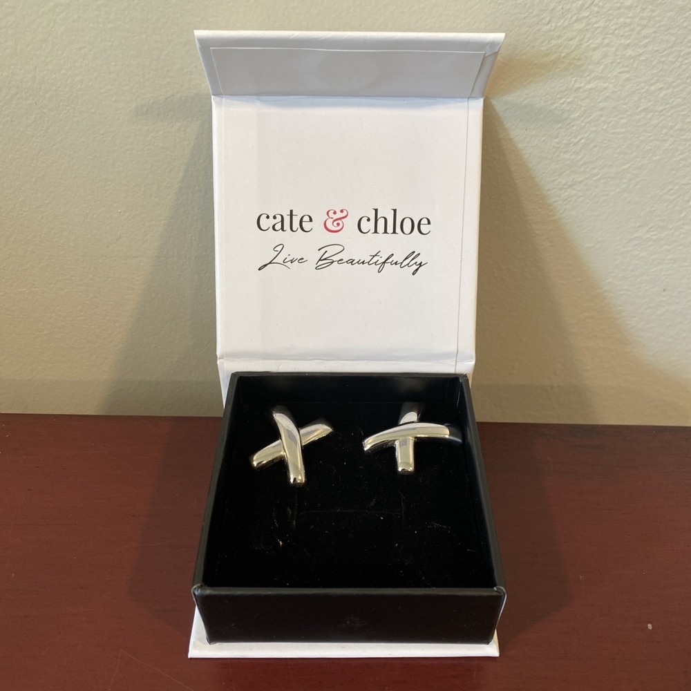 NEW Cate & Chloe Bianca Silver-Tone Earrings "X" Kiss Live Beautifully in Box